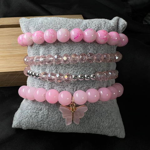 Adjustable,High Quality,Bracelet Stack,Glass Beads,Combo,Dailywear,For Gift ,Pink,Butterfly Charm