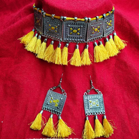 Oxidized Yellow Thread Choker Set With Earrings