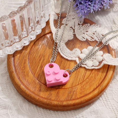 Pink Heart Shape Brick Lego Couple Necklace