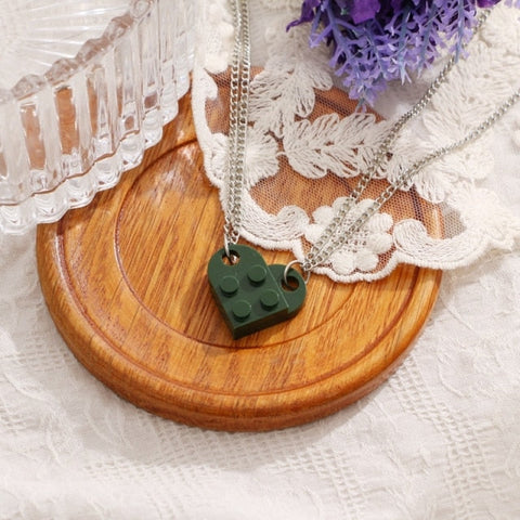 Dark Green Heart Shape Brick Lego Couple Necklace
