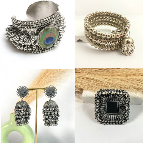 Affordable Pack Of 4 Oxidised Jewelry Jhumkas, Ring & Bracelet Set Combo