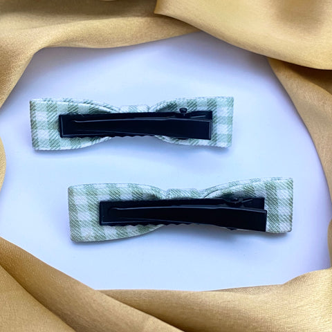 High Quality Green White Square Check Print Bows Alligator Clips Pair