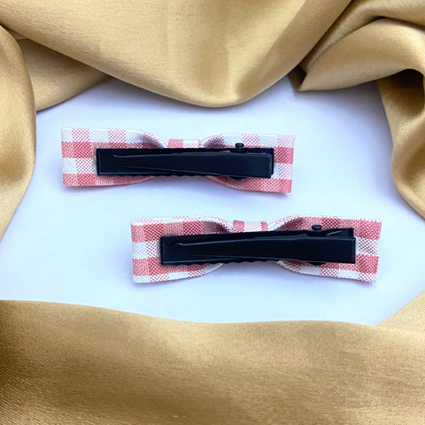 High Quality Pink & White Check Print Bow Alligator Clip Pair
