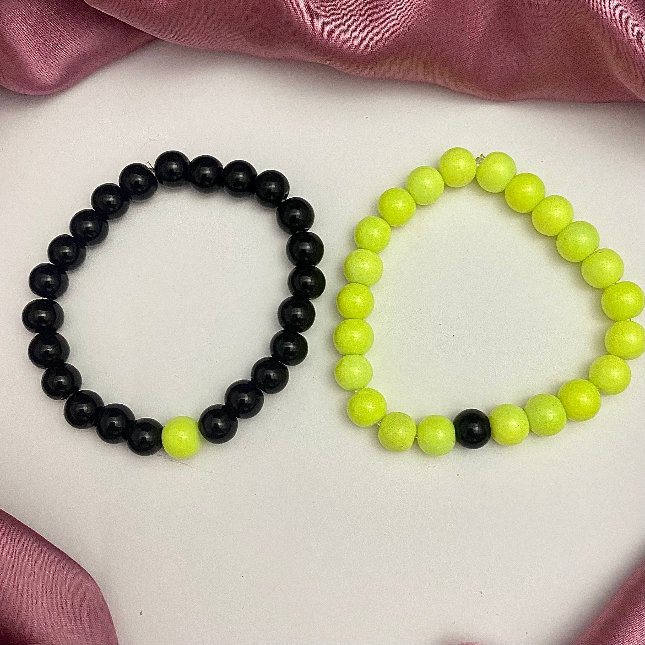 Adjustable Black & Parrot Green Glass Beads Couple Bracelet