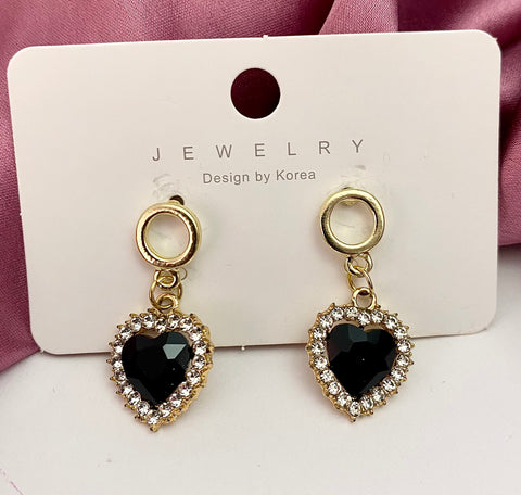 High Quality Black Crystal Heart Drop Korean Earrings