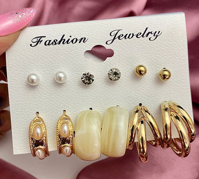  High Quality Golden Pack Of 6 Earring Card Combo