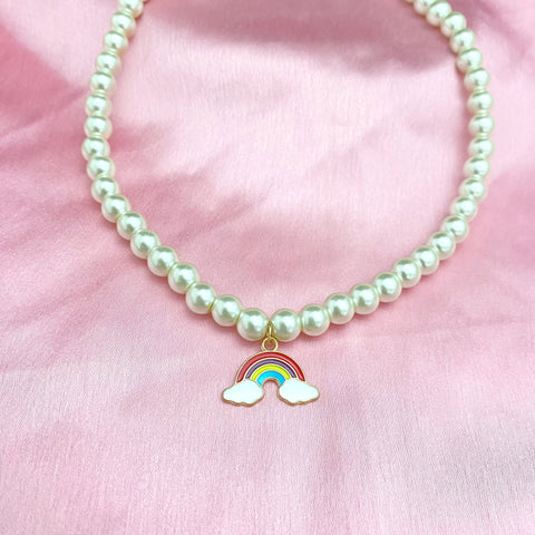 Cute Elegant 8mm Pearl Necklace With Rainbow Charm