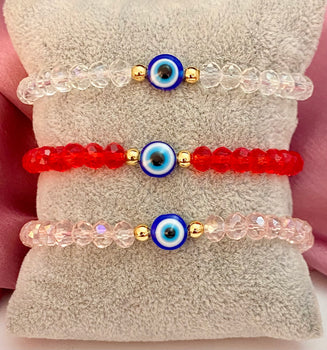 Adjustable Set Of 3 Crystal Beads Bracelet Combo With Evil Eye Charm