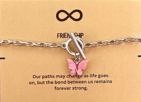 Simple Classic Silver Slim Chain Bracelet With Acrylic Dark Pink Butterfly