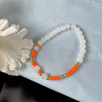 High Quality White & Orange Small Stretchable Glass Beads Bracelet