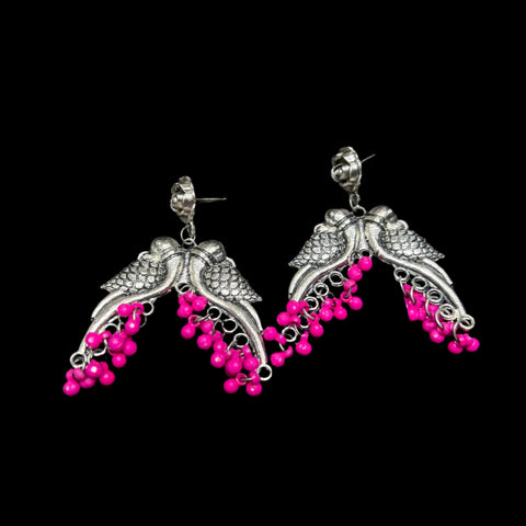 High Quality Pink Love Birds Oxidised Jhumka