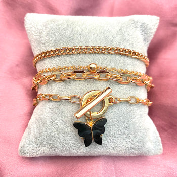 Alloy Set Of 3 Link Chain Bracelet Stacks With Black Butterfly Charm