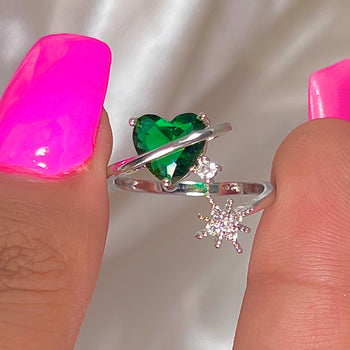 High Quality Adjustable Silver Green Heart Stone Friendship Copper Ring