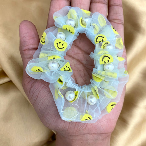 Light Blue Smiley Print Organza Scrunchie With Pearl