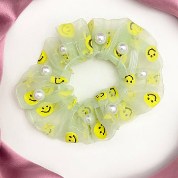 Light Green Smiley Print Organza Scrunchie With Pearl
