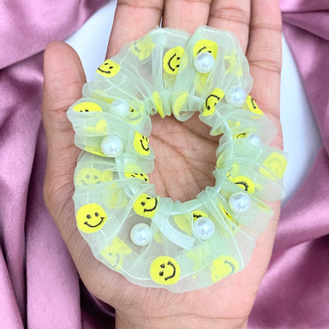 Light Green Smiley Print Organza Scrunchie With Pearl