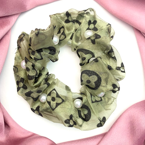 Printed Organza Scrunchie With Pearl