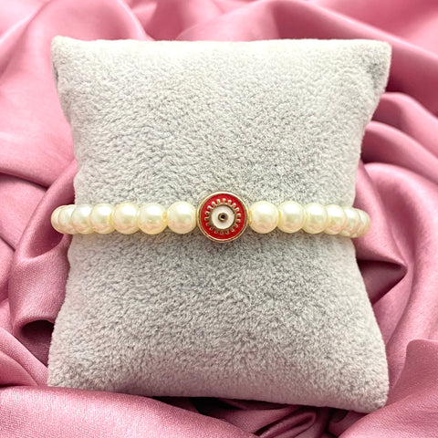 Pearl Bracelet With Round Evil Eye Charm (Red)