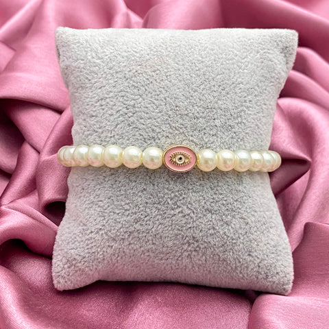 Pearl Bracelet With Oval Evil Eye Charm(Pink)
