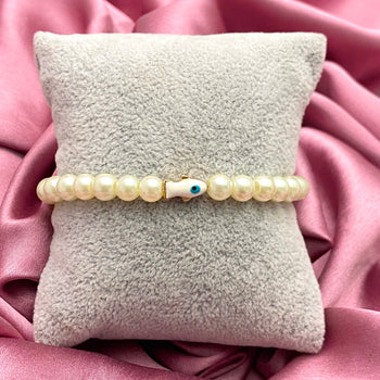 Pearl Bracelet With Fish  Evil Eye Charm(White)