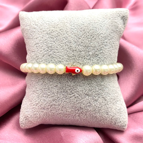 Pearl Bracelet With Fish  Evil Eye Charm(Red)