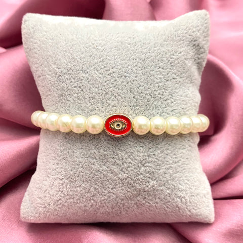 Pearl Bracelet With Oval Evil Eye Charm(Red)