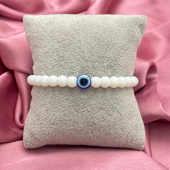 Adjustable White Opaque Beads Bracelet With Evil Eye Charm (6mm Beads)