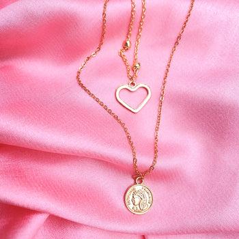 Layered Golden Heart Charm With Coin Necklace