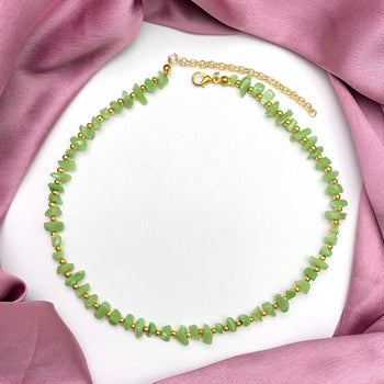 High Quality Unique Green Uncut Stone Necklace With Golden Beads