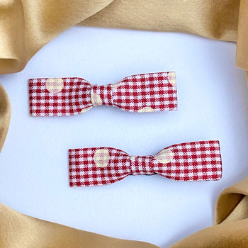 High Quality Red Small Check With Dot Print Bows Alligator Clip Pair