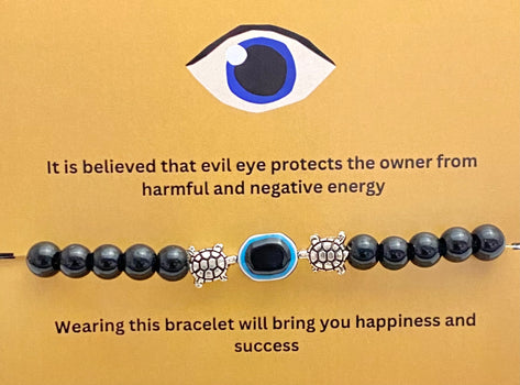 Adjustable Black Tortoise Glass Beads Bracelet With Evil Eye Charm