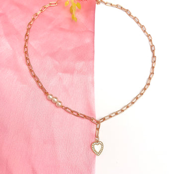 Golden Paperclip Chain Necklace With White Stone Studded Heart Charm