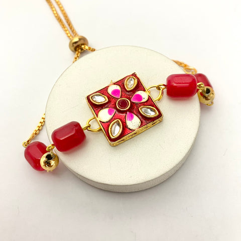 Adjustable Cute Red Kundan Charm Alloy Chain Rakhi For Brother