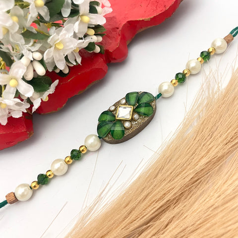 Cute Green Charm Thread Chain Rakhi For Brother