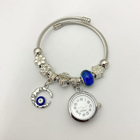 Adjustable Silver Stainless Steel  Quartz Watch With Cute Charms