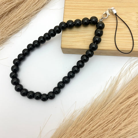 Cute Simple 8mm Black Glass Beads Phone Charm Strap