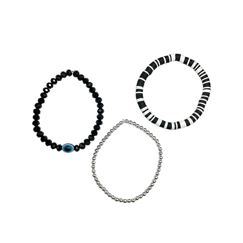 Adjustable Set Of 3 Evil Eye Charm Glass Beads Bracelet Stack