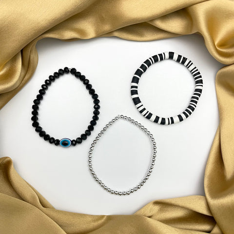 Adjustable Set Of 3 Evil Eye Charm Glass Beads Bracelet Stack