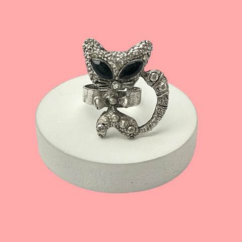 Oxidised Silver Black Kitty Cat Big Eyes Designed Ring