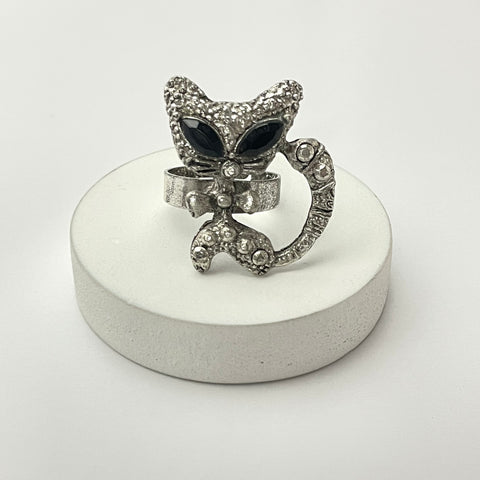 Oxidised Silver Black Kitty Cat Big Eyes Designed Ring