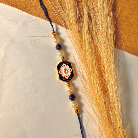 Cute Kundan Charm Thread Rakhi For Brother With Roli Chawal Chandan