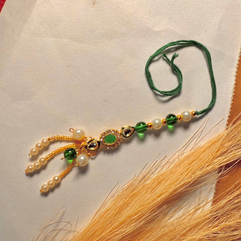 Cute Green Kundan Charm Thread Rakhi For Bhabhi
