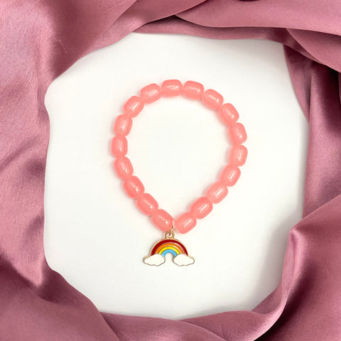 Peach Cube Glass Beads Bracelet With Rainbow Charm