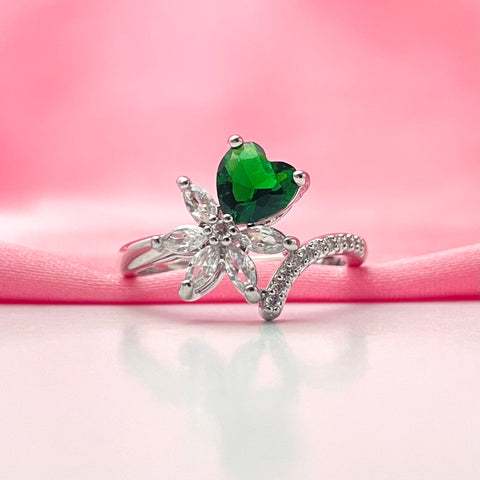 Adjustable Silver Green Flower With Heart Copper Ring