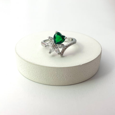 Adjustable Silver Green Flower With Heart Copper Ring