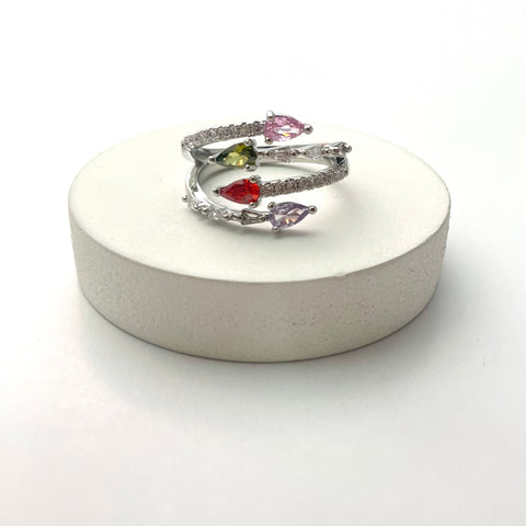 Adjustable Silver Multicolour Teardrop Stone Studded Ring