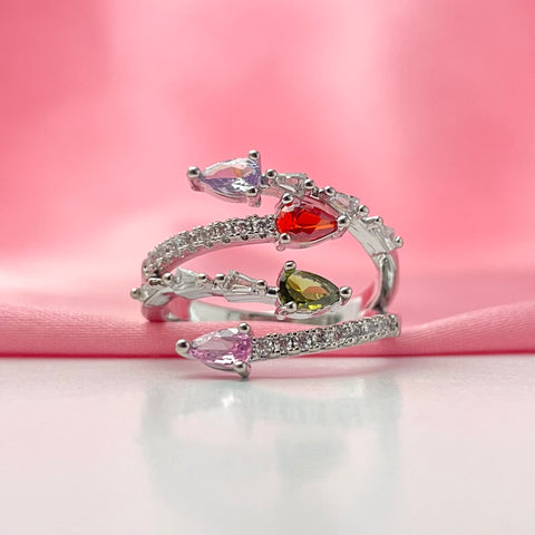 Adjustable Silver Multicolour Teardrop Stone Studded Ring
