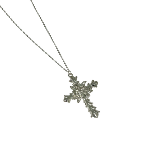 Gift For Valentine's Day Silver Cross With Flower Designed Necklace