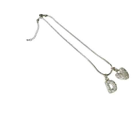 Gift For Valentine's Day Silver Stone Studded D Initial With Heart Charm Necklace