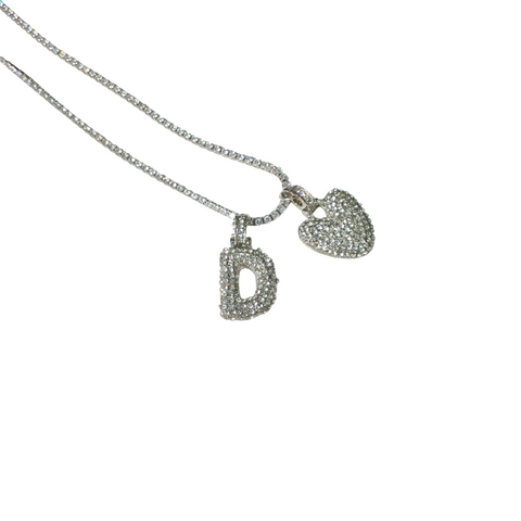 Gift For Valentine's Day Silver Stone Studded D Initial With Heart Charm Necklace
